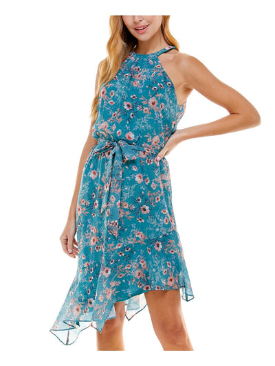 CITY STUDIO Womens Teal Tie Cut Out Floral Sleeveless Halter Knee Length Evening Hi-Lo Dress S