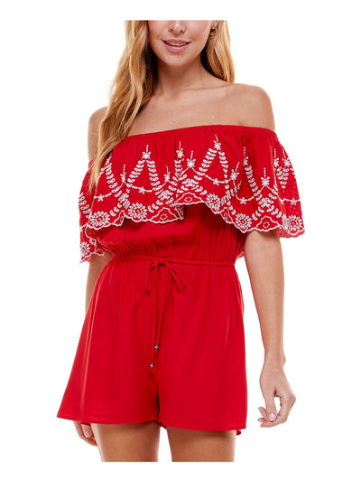 KINGSTON GREY Womens Red Stretch Eyelet Tie Off Shoulder Romper S