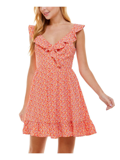 CITY STUDIO Womens Orange Ruffled Tie Open Back Floral Sleeveless V Neck Short A-Line Dress Juniors 1