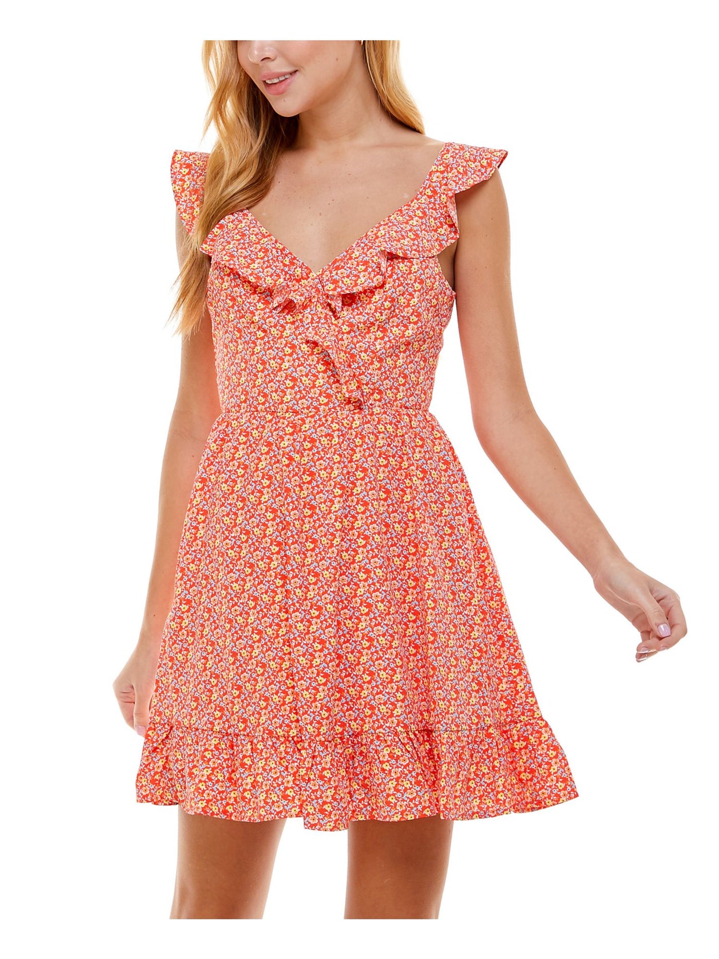 CITY STUDIO Womens Orange Ruffled Tie Open Back Floral Sleeveless V Neck Short A-Line Dress Juniors 13