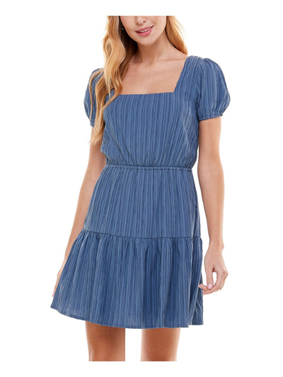 CITY STUDIO Womens Blue Stretch Pleated Gathered Open-back Tie Back Pouf Sleeve Square Neck Short Party Fit + Flare Dress L