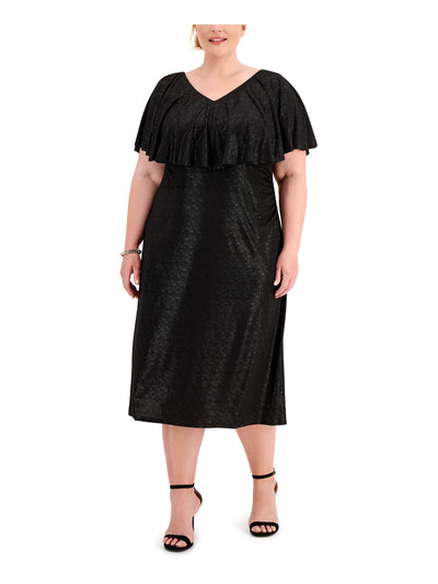 CONNECTED APPAREL Womens Stretch Flutter Sleeve V Neck Midi Cocktail A-Line Dress