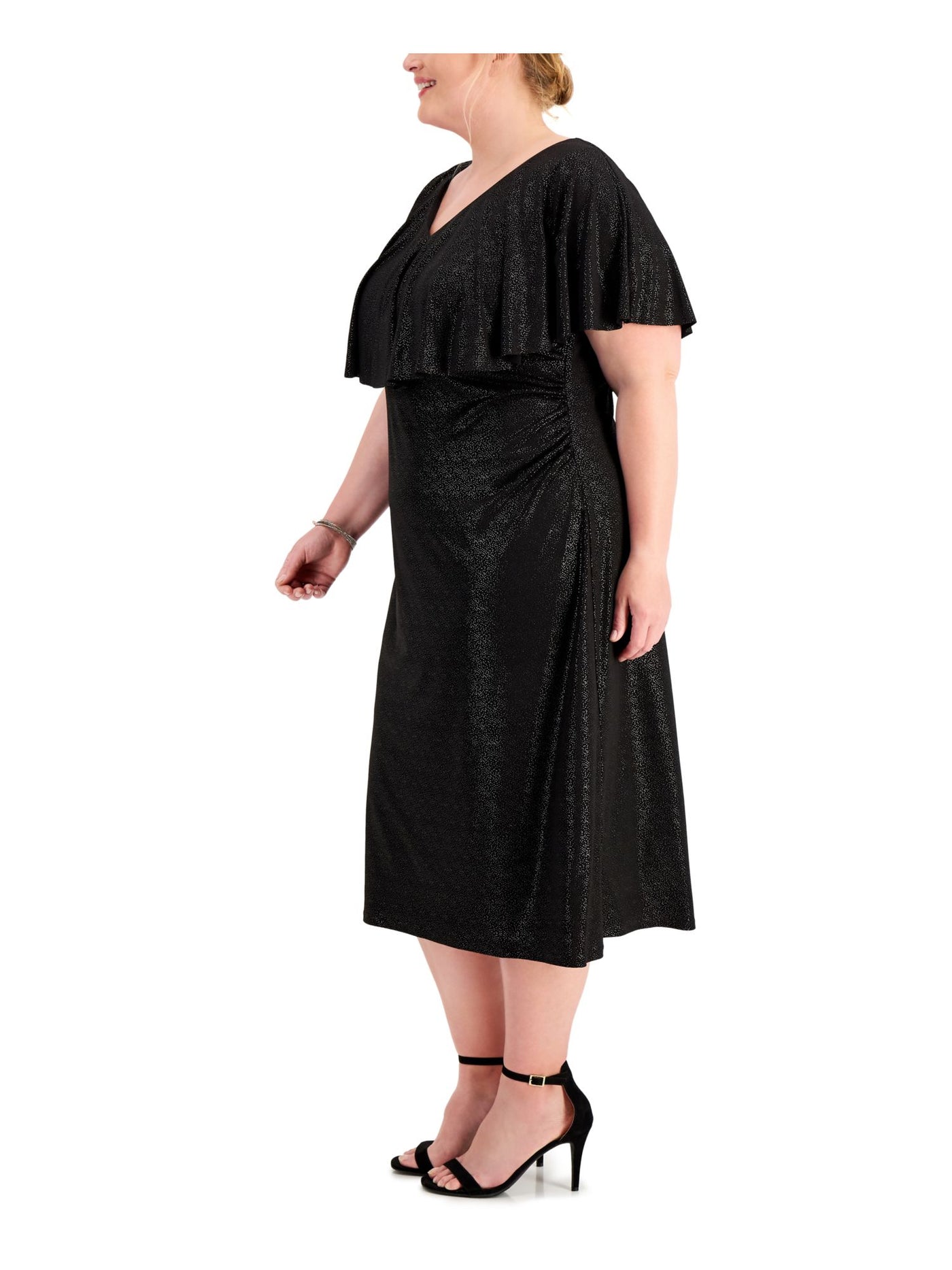 CONNECTED APPAREL Womens Black Stretch Flutter Sleeve V Neck Midi Cocktail A-Line Dress Plus 24W