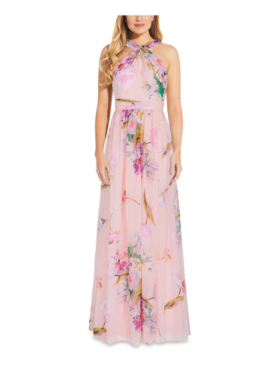 ADRIANNA PAPELL Womens Pink Zippered Pleated Floral Sleeveless Halter Full-Length Party Dress 0