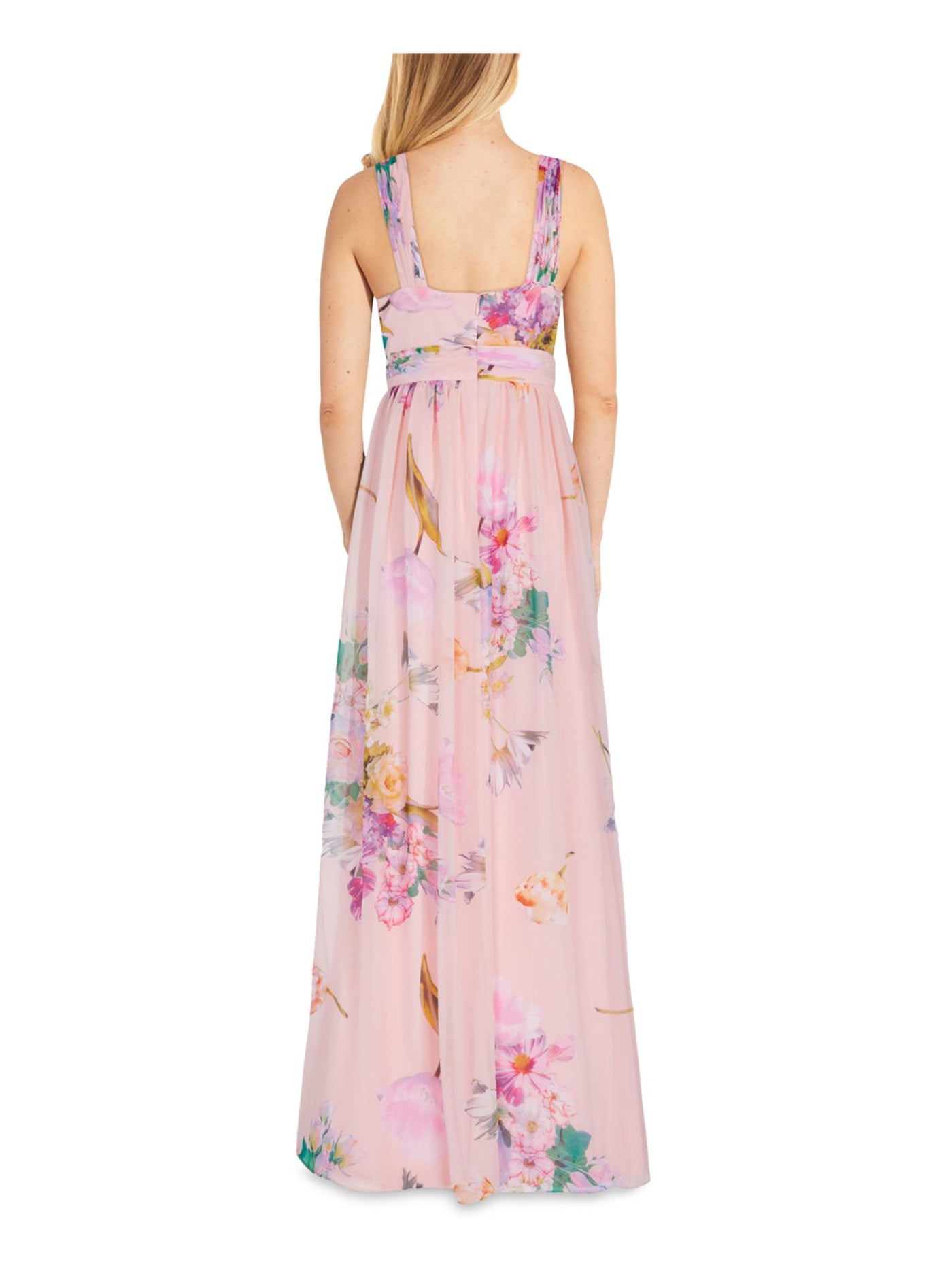 ADRIANNA PAPELL Womens Pink Zippered Pleated Floral Sleeveless Halter Full-Length Party Dress 2