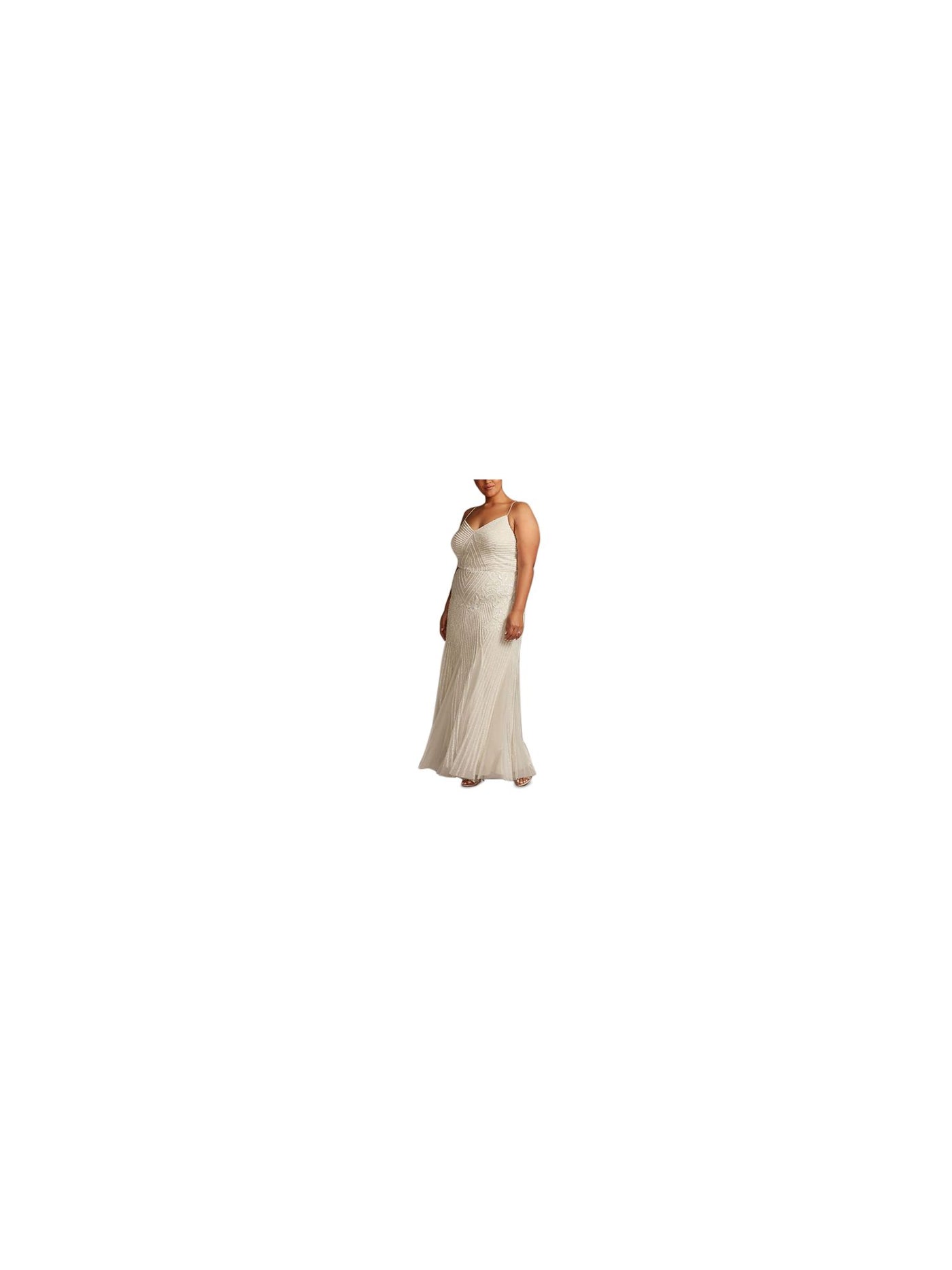 ADRIANNA PAPELL Womens White Embellished Zippered Back Cross Straps Lined Sleeveless V Neck Full-Length Formal Gown Dress Plus 18