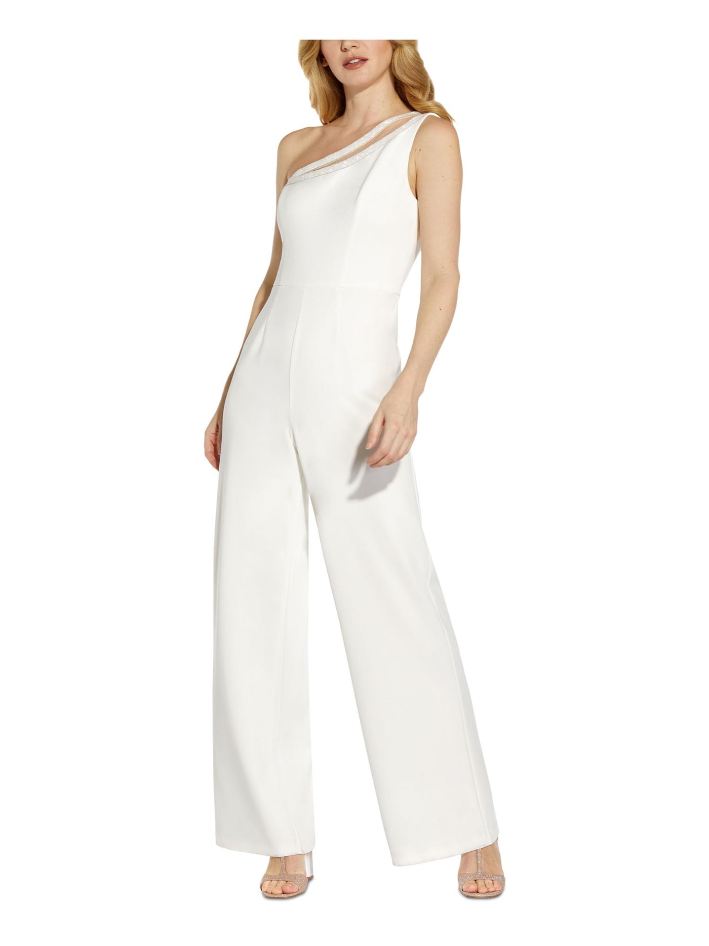 ADRIANNA PAPELL Womens White Stretch Zippered Embellished Illusion Sleeveless Asymmetrical Neckline Formal Jumpsuit 4
