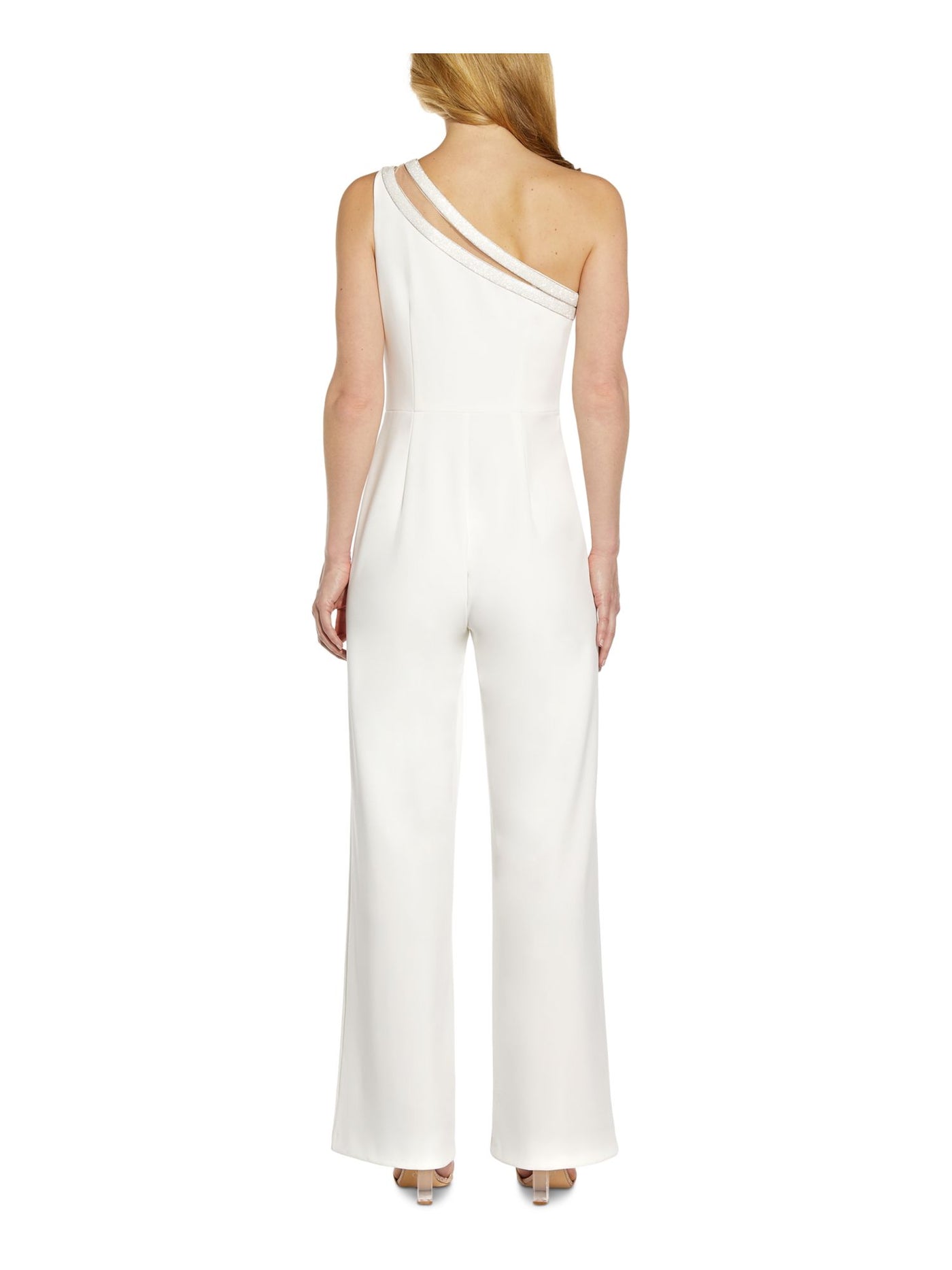 ADRIANNA PAPELL Womens White Stretch Zippered Embellished Illusion Sleeveless Asymmetrical Neckline Formal Jumpsuit 4