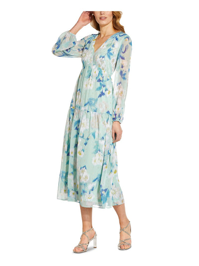ADRIANNA PAPELL Womens Green Floral Long Sleeve V Neck Tea-Length Empire Waist Dress 4