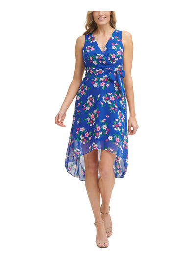 JESSICA HOWARD Womens Blue Sheer Zippered Self-tie Belt Floral Sleeveless Surplice Neckline Below The Knee Hi-Lo Dress Petites 14P