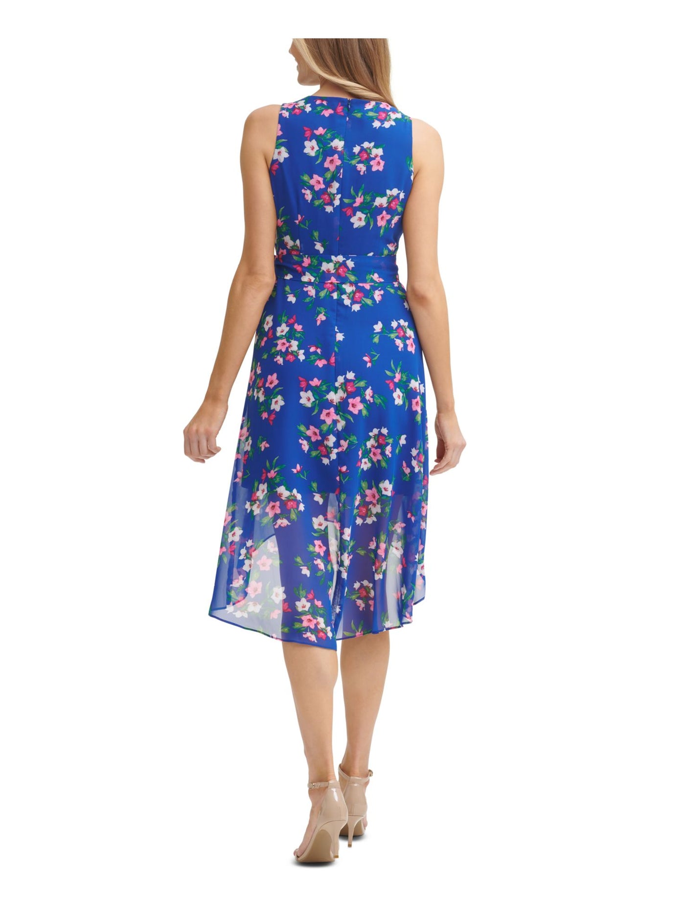 JESSICA HOWARD Womens Blue Sheer Zippered Self-tie Belt Floral Sleeveless Surplice Neckline Below The Knee Hi-Lo Dress Petites 14P