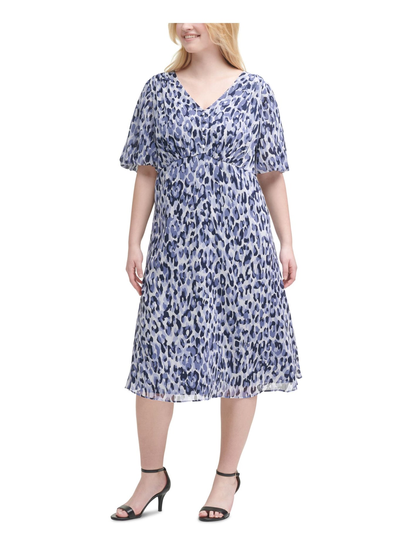 JESSICA HOWARD Womens Blue Zippered Chiffon Buttoned Printed Elbow Sleeve V Neck Midi Party Fit + Flare Dress Plus 20W