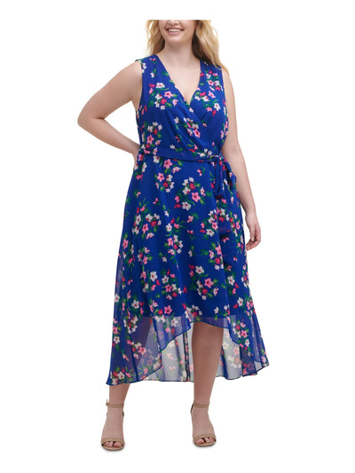 JESSICA HOWARD Womens Blue Zippered Sheer Self-tie Belt Hi-lo Hem Floral Sleeveless Surplice Neckline Midi Fit + Flare Dress Plus 16W