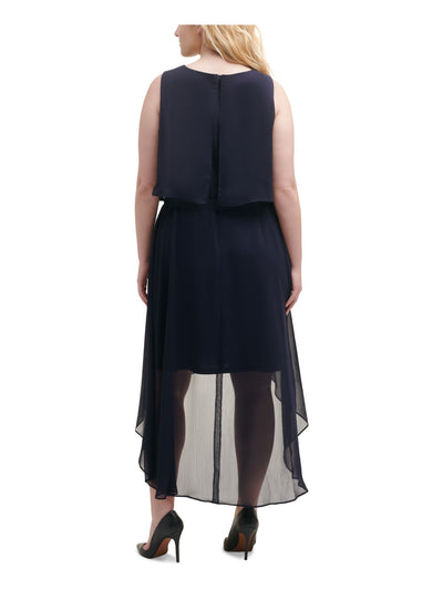 JESSICA HOWARD Womens Navy Zippered Ruffled Sheer Lined Sleeveless Round Neck Midi Evening Hi-Lo Dress Plus 18W