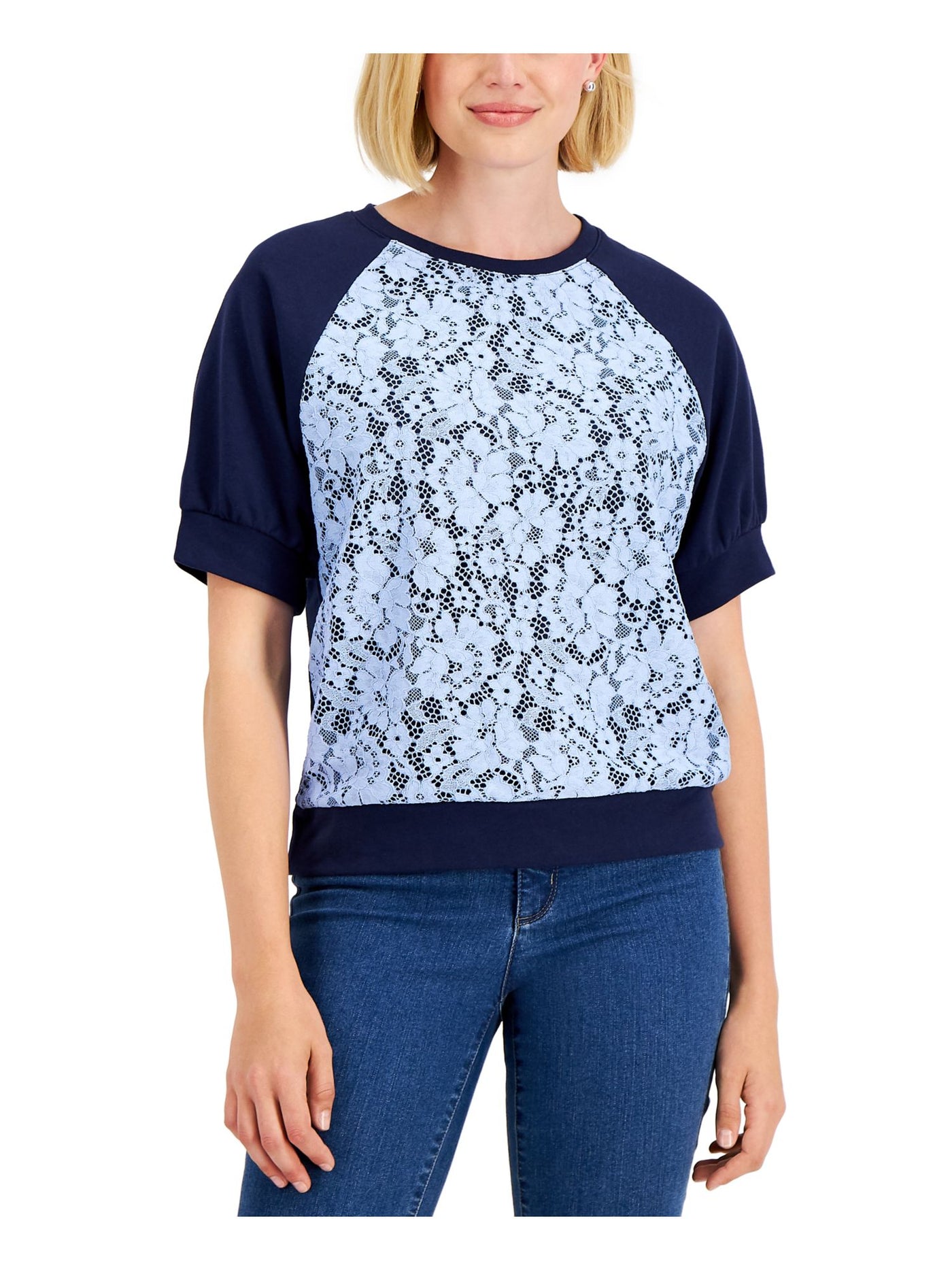 CHARTER CLUB Womens Navy Lace Baseball Style Short Sleeve Crew Neck Top L
