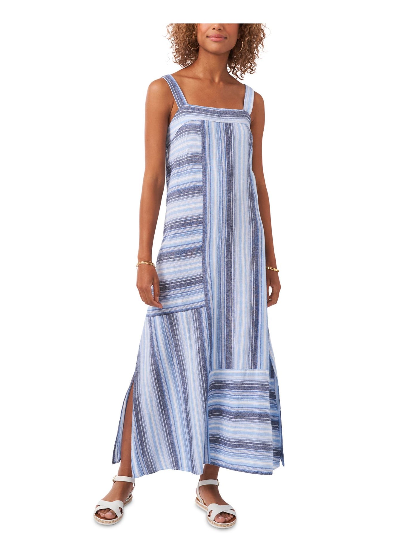 VINCE CAMUTO Womens Blue Zippered Slitted Striped Sleeveless Square Neck Maxi Shift Dress XXS