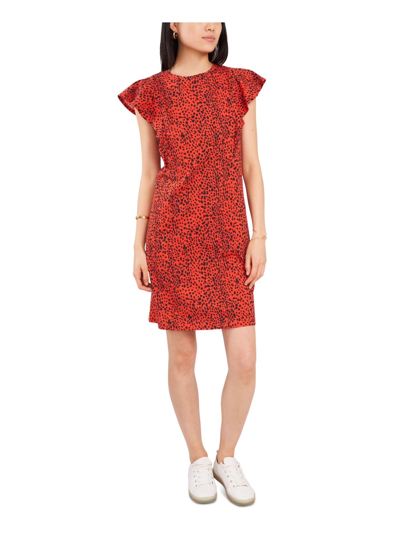 VINCE CAMUTO Womens Red Animal Print Flutter Sleeve Round Neck Short Party Dress L