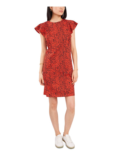 VINCE CAMUTO Womens Red Animal Print Flutter Sleeve Round Neck Short Party Dress L