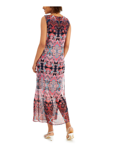 CONNECTED APPAREL Womens Navy Sheer Slitted Lined Printed Sleeveless Scoop Neck Maxi Dress 4