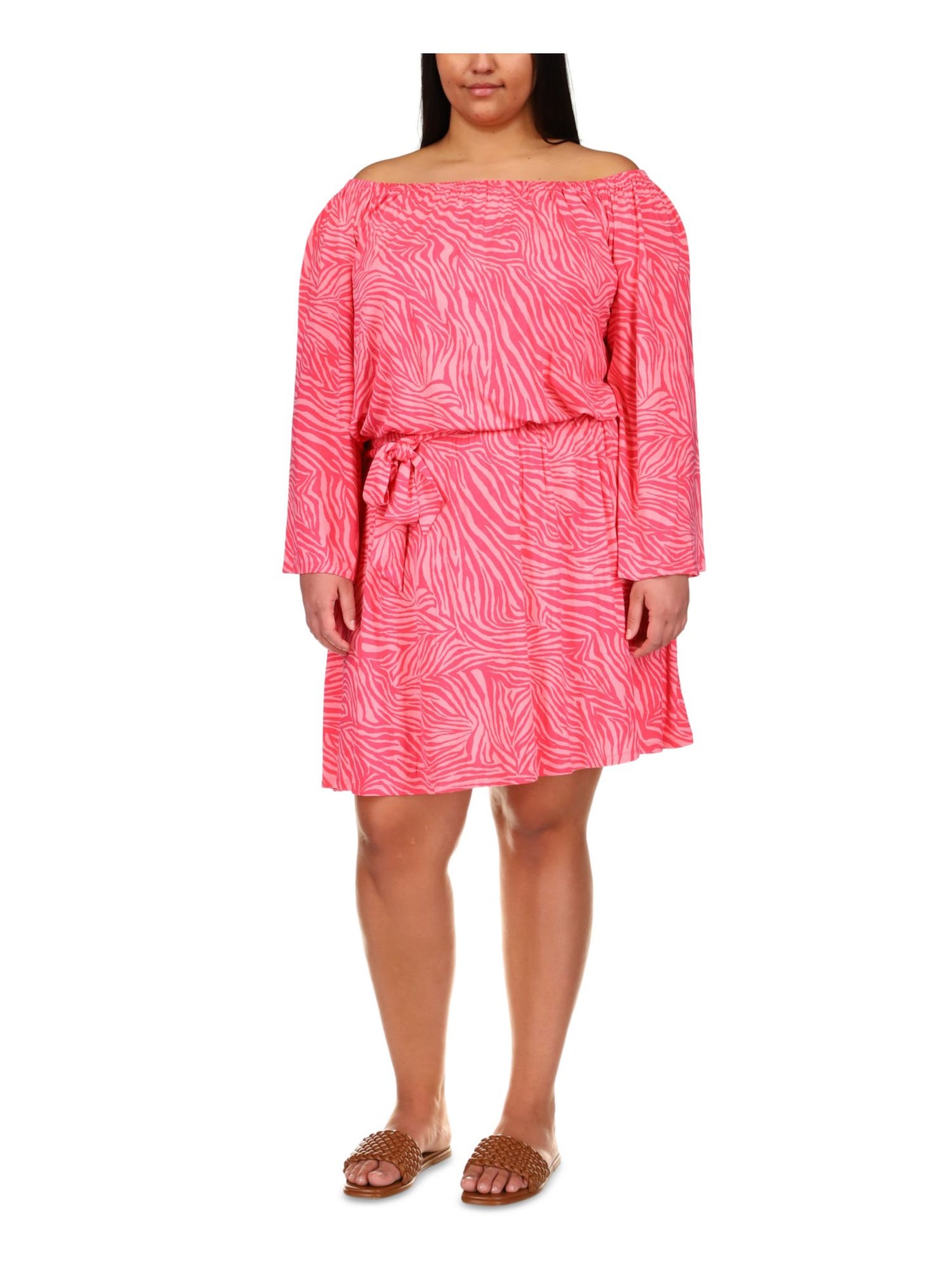 MICHAEL MICHAEL KORS Womens Pink Long Sleeve Off Shoulder Above The Knee Shift Dress 1X