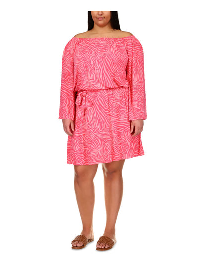 MICHAEL MICHAEL KORS Womens Pink Long Sleeve Off Shoulder Above The Knee Shift Dress 1X