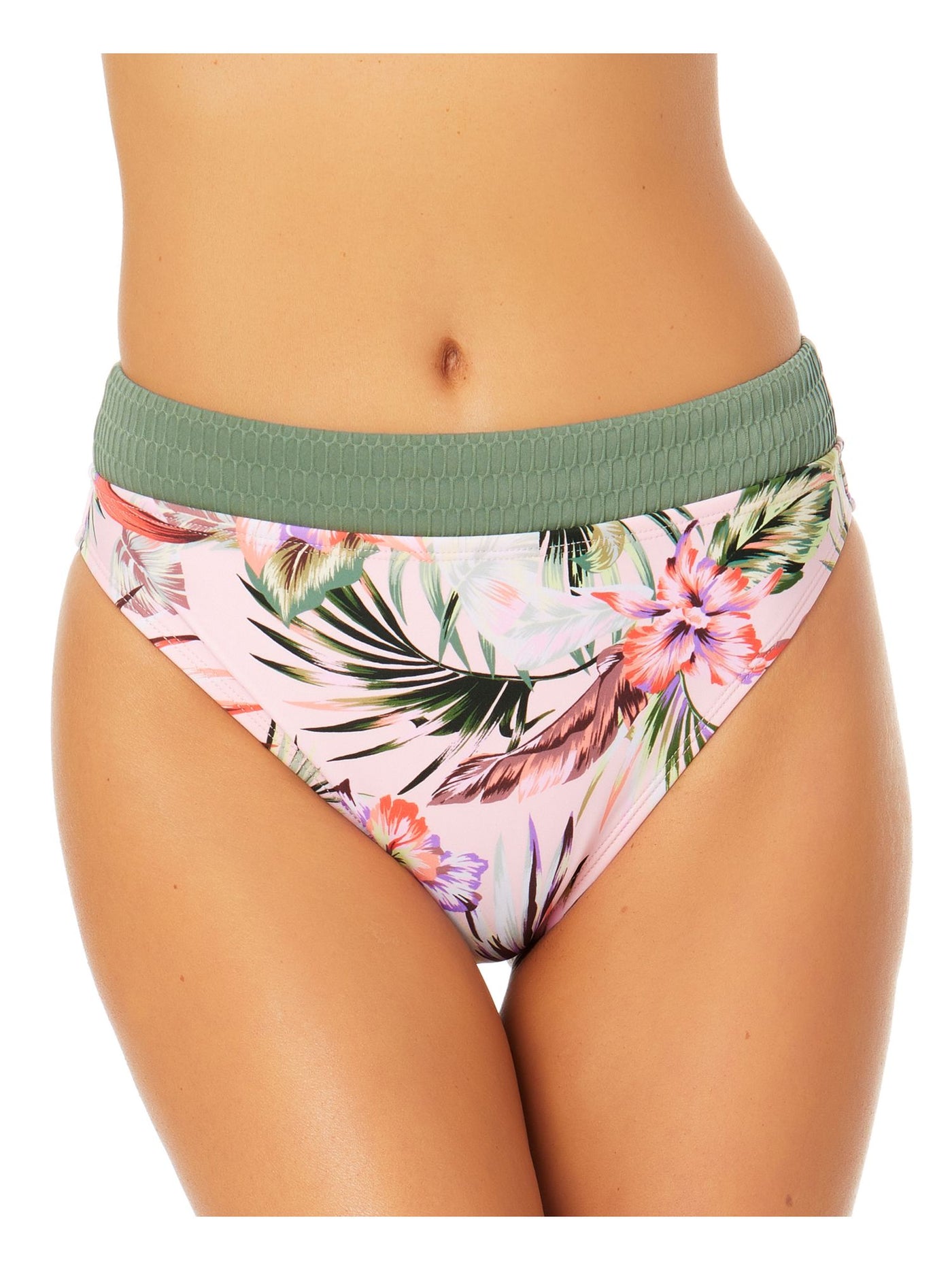 CALIFORNIA SUNSHINE Women's Pink Tropical Print Textured Lined Moderate Coverage Textured Bikini Swimsuit Bottom S