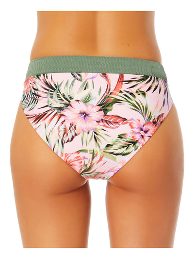 CALIFORNIA SUNSHINE Women's Pink Tropical Print Textured Lined Moderate Coverage Textured Bikini Swimsuit Bottom M