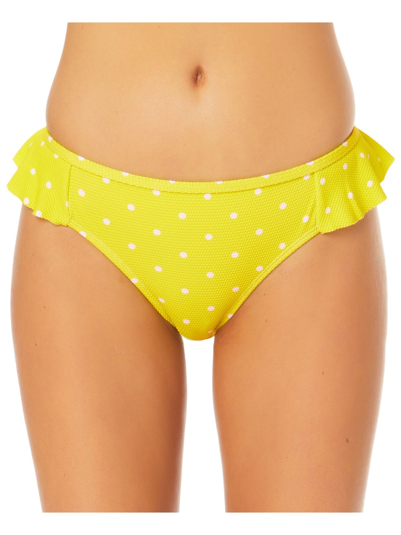 CALIFORNIA SUNSHINE Women's Yellow Polka Dot Stretch Ruffled Lined Bikini Moderate Coverage Textured Hipster Swimsuit Bottom L