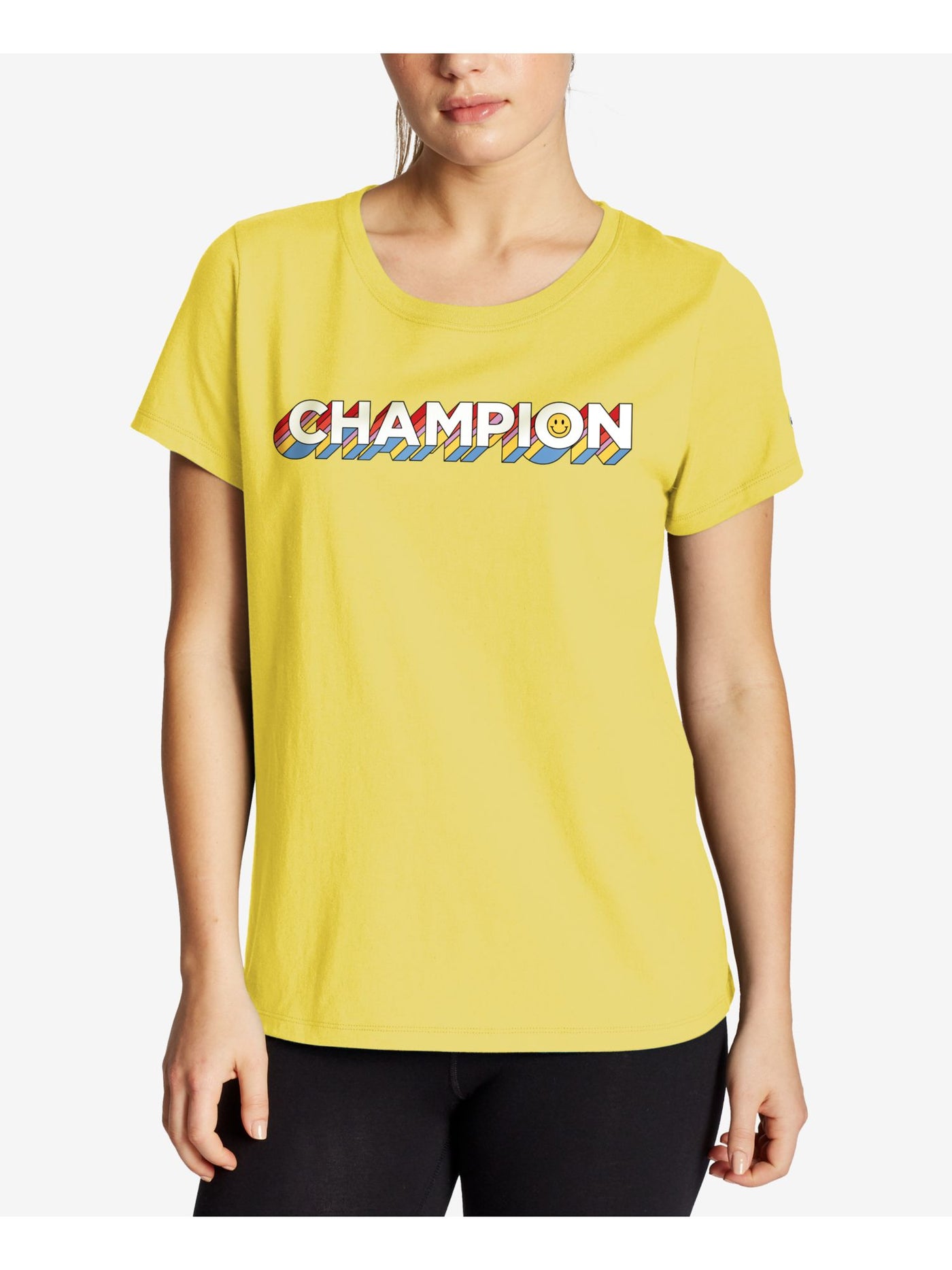 CHAMPION Womens Gold Stretch Ribbed Logo Graphic Short Sleeve Crew Neck T-Shirt S