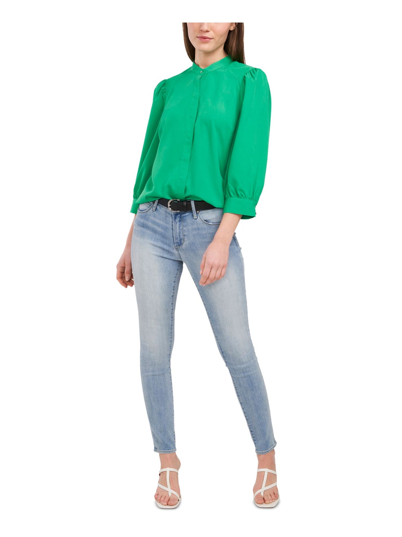RILEY&RAE Womens Green Pleated Puff-shoulder High-neck Cuffed Sleeve Blouse XS