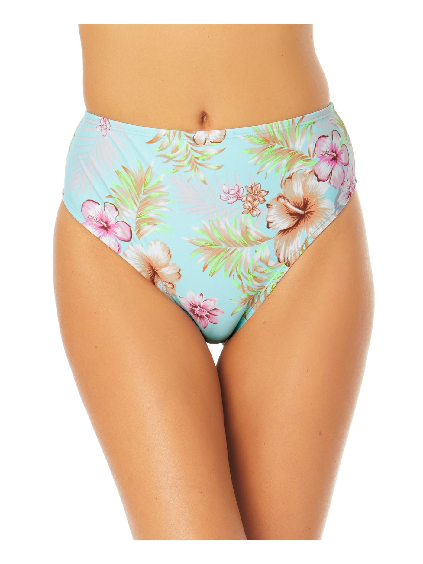CALIFORNIA SUNSHINE Women's Aqua Tropical Print Stretch Mid-Rise Lined Bikini Moderate Coverage High Leg Swimsuit Bottom XL