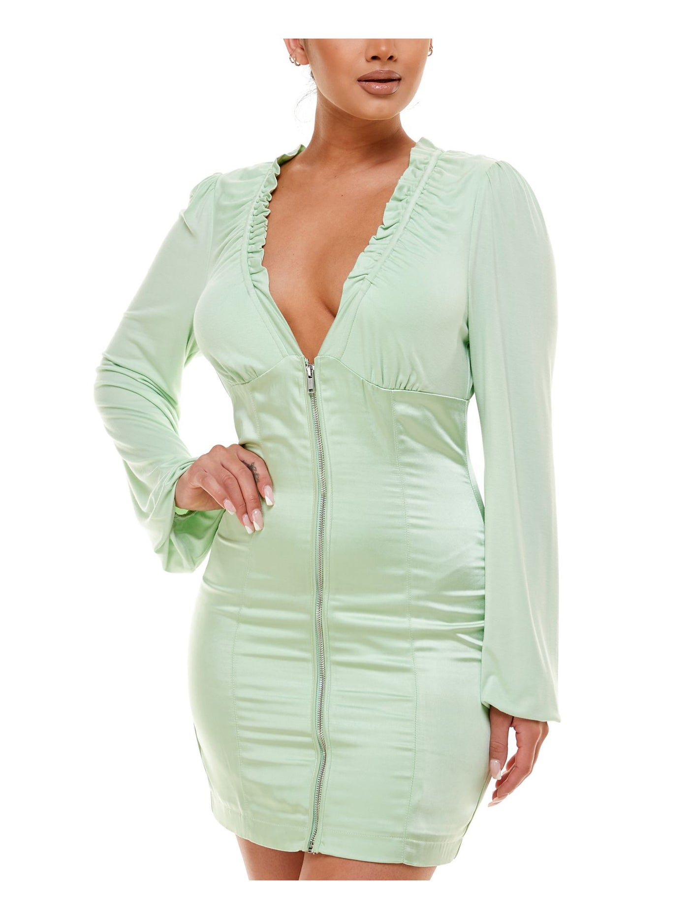 BEBE Womens Green Stretch Zippered Ruffled Empire Waist Long Sleeve V Neck Mini Cocktail Body Con Dress  S