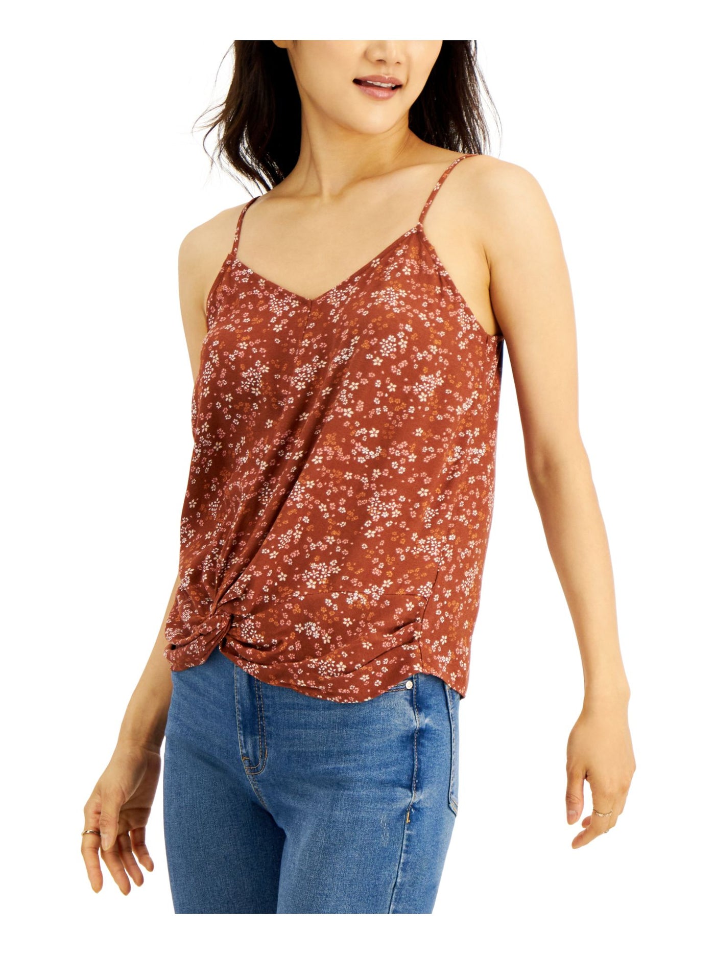HIPPIE ROSE Womens Brown Twist Front Adjustable Straps Floral Spaghetti Strap V Neck Cami Top Juniors M