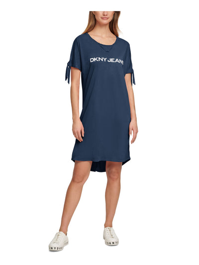 DKNY JEANS Womens Navy Logo Graphic Short Sleeve Scoop Neck Above The Knee Shift Dress M