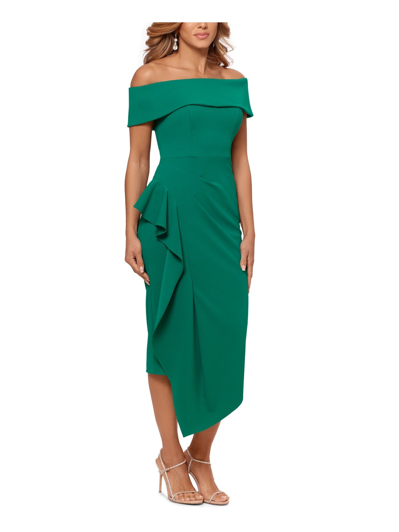 BETSY & ADAM Womens Green Zippered Ruffled Pleated Asymmetrical Hem Slit Pa Short Sleeve Off Shoulder Tea-Length Evening Sheath Dress 8