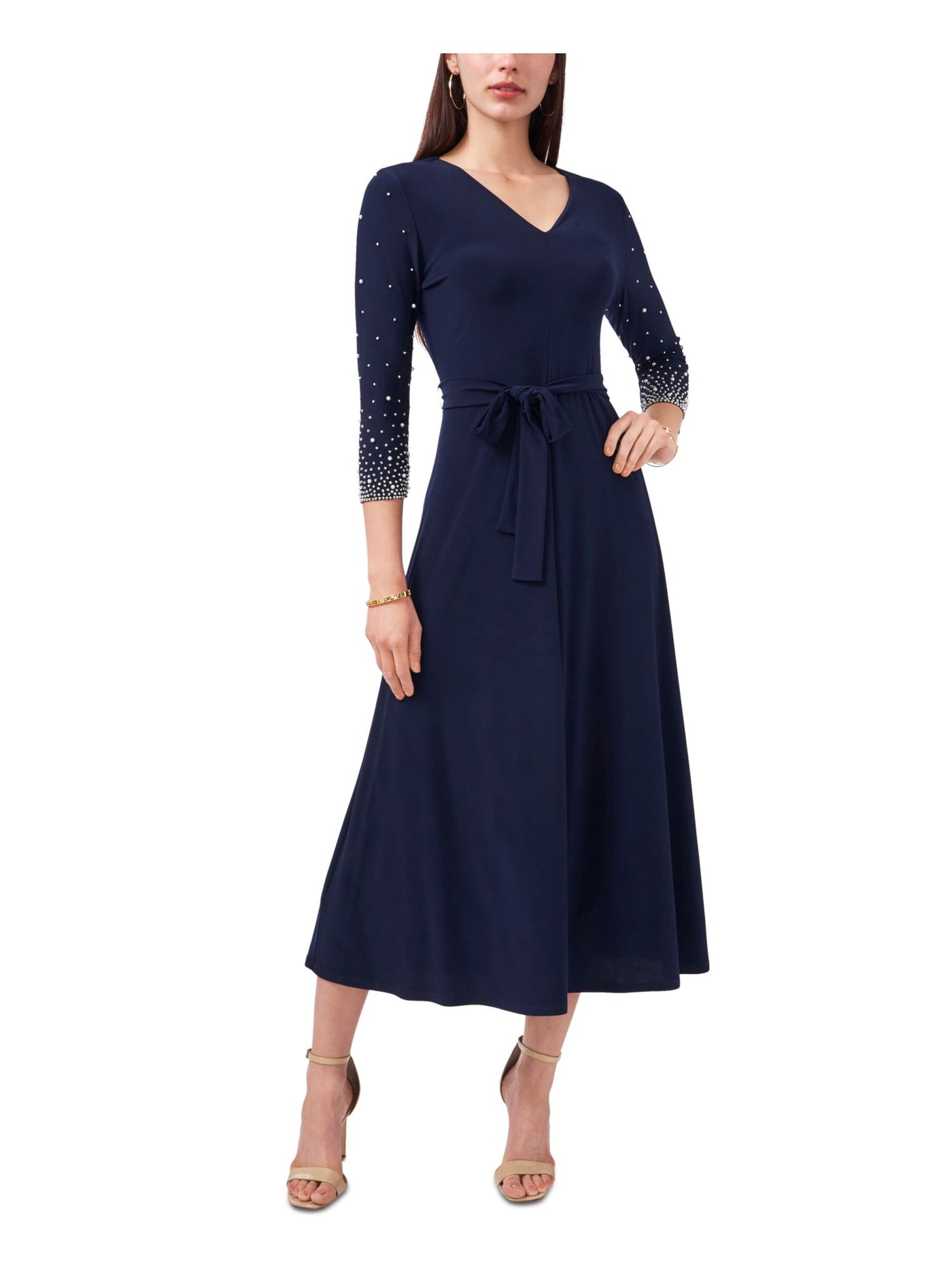 MSK Womens Navy Stretch Beaded Belted Jersey Knit Pullover Unlined 3/4 Sleeve V Neck Midi Fit + Flare Dress XL