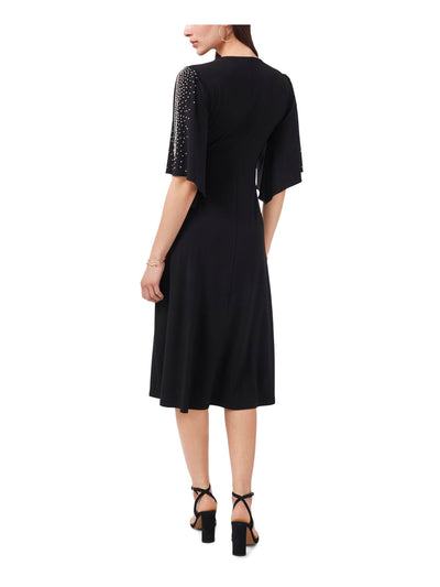 MSK Womens Black Beaded Slitted Bell Sleeve Surplice Neckline Below The Knee Cocktail Fit + Flare Dress S