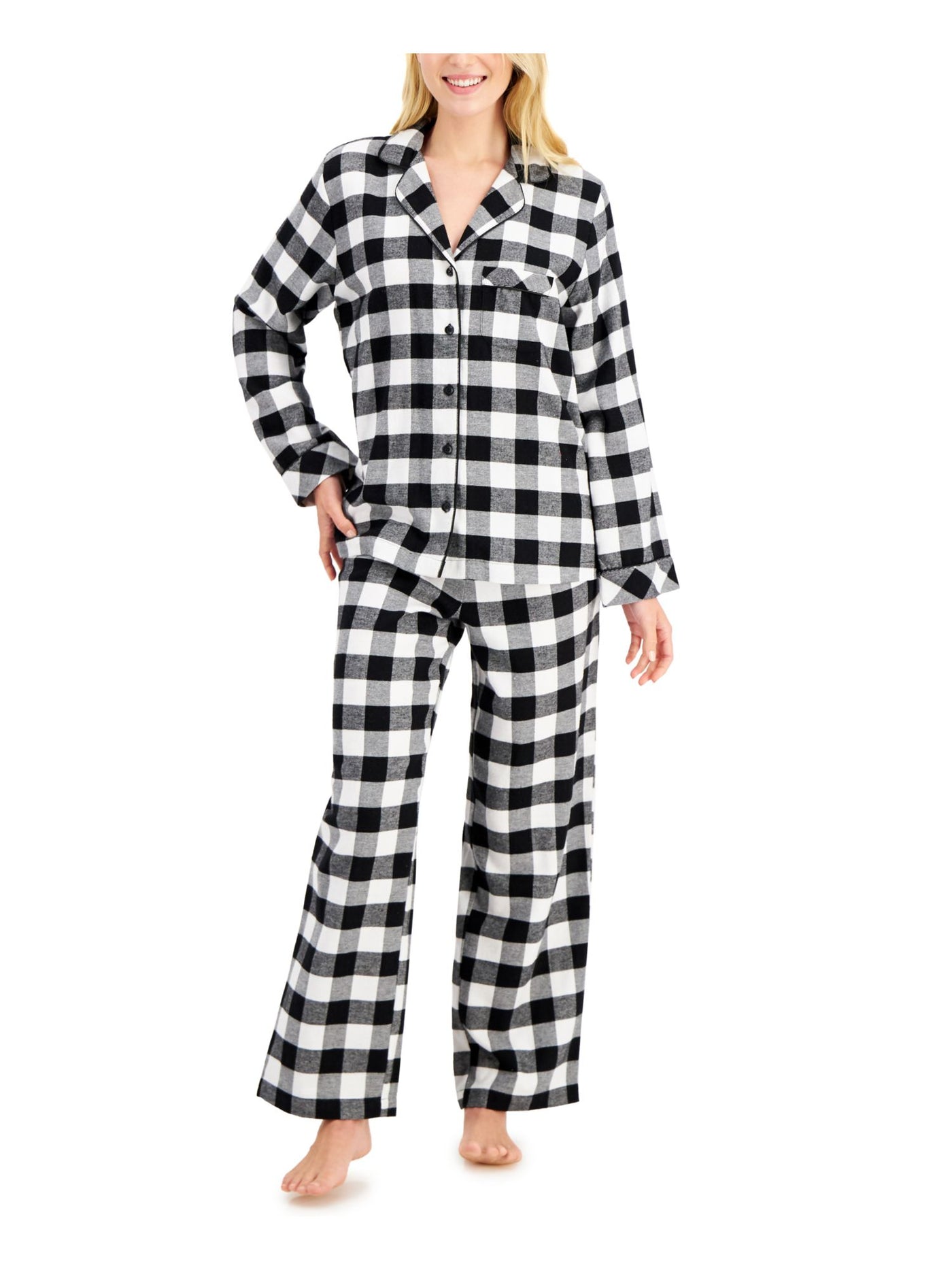 FAMILY PJs Womens Black Plaid Elastic Band Button Up Top Straight leg Pants Pajamas S