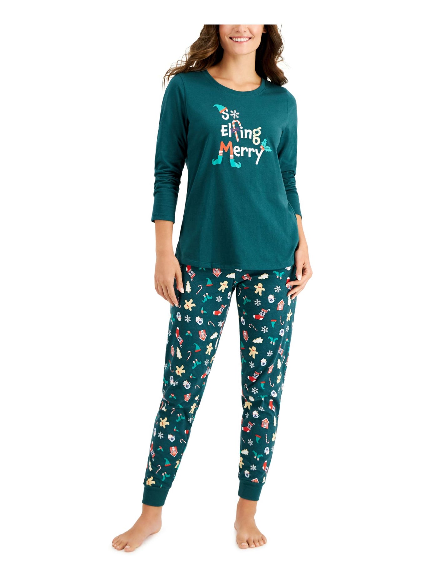 FAMILY PJs Womens So Elfing Merry Green Graphic Elastic Band Long Sleeve T-Shirt Top Cuffed Pants Pajamas M