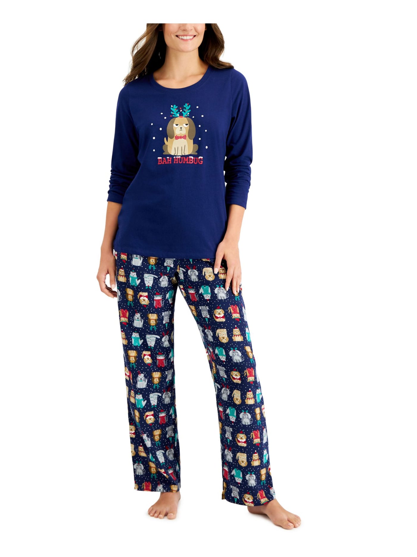 FAMILY PJs Womens Bah Humbug Navy Graphic Lightweight Long Sleeve T-Shirt Top Straight leg Pants Pajamas L