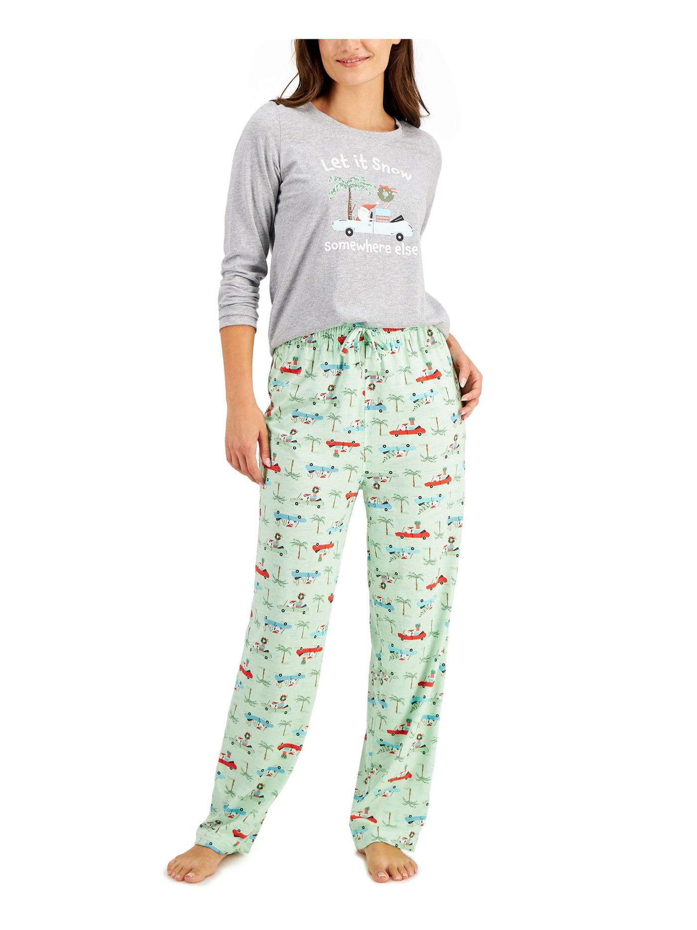 FAMILY PJs Womens Tropical Santa Green Graphic Elastic Band Long Sleeve T-Shirt Top Straight leg Pants Pajamas L