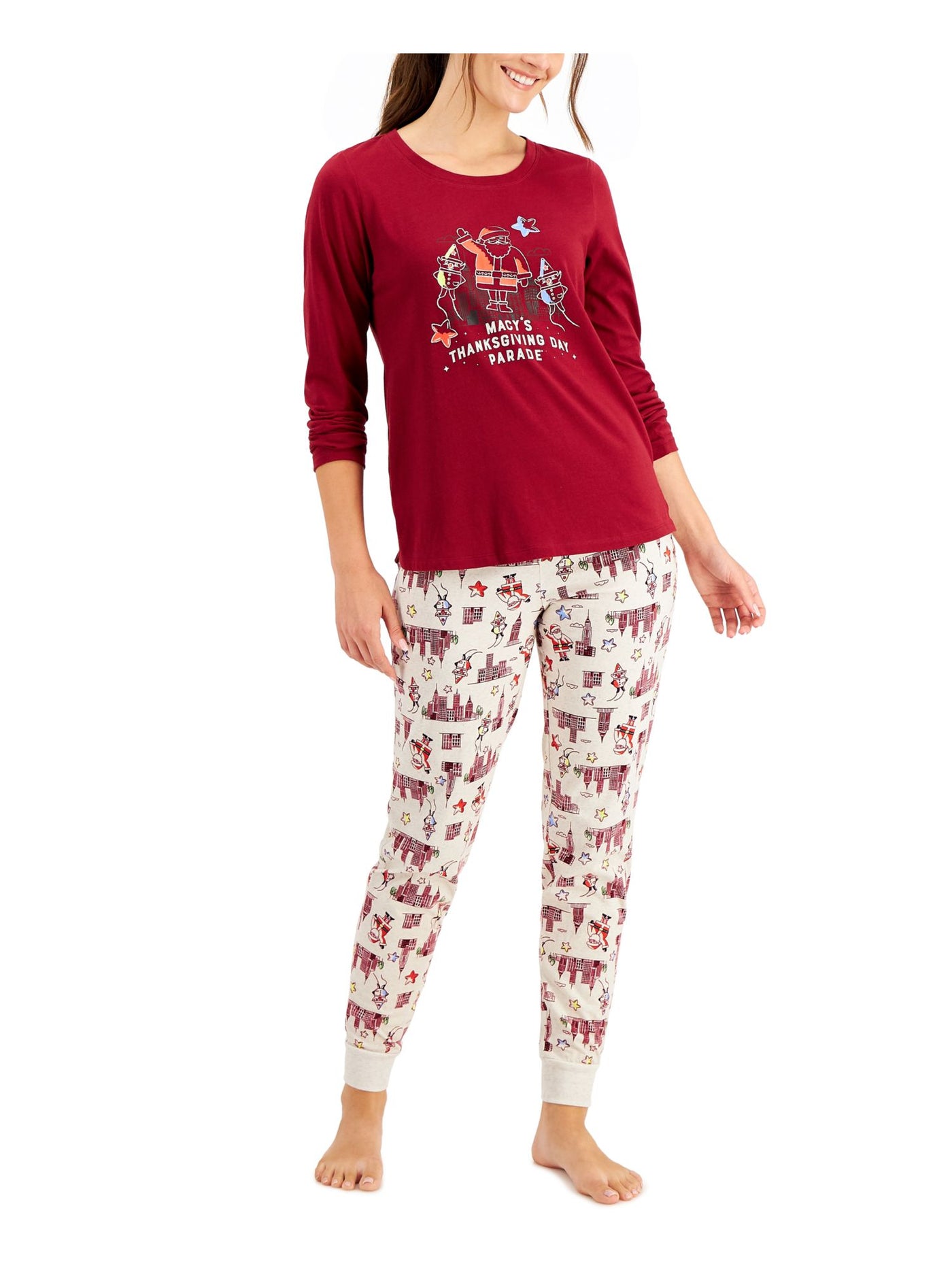 FAMILY PJs Womens Maroon Graphic Top Elastic Band Long Sleeve Lounge Pants Pajamas XL
