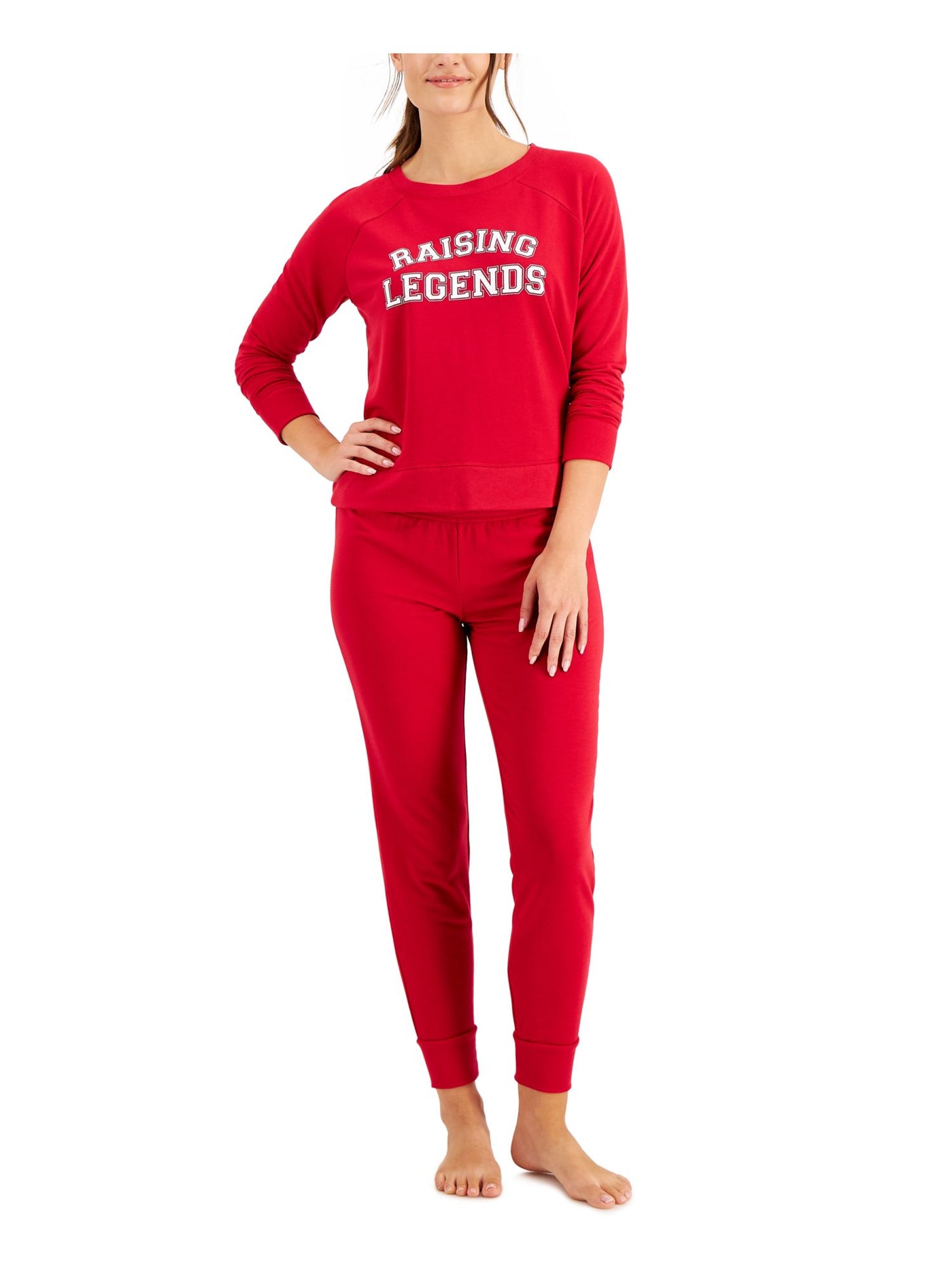 FAMILY PJs Womens Red Printed Top Elastic Band Long Sleeve Lounge Pants Pajamas S