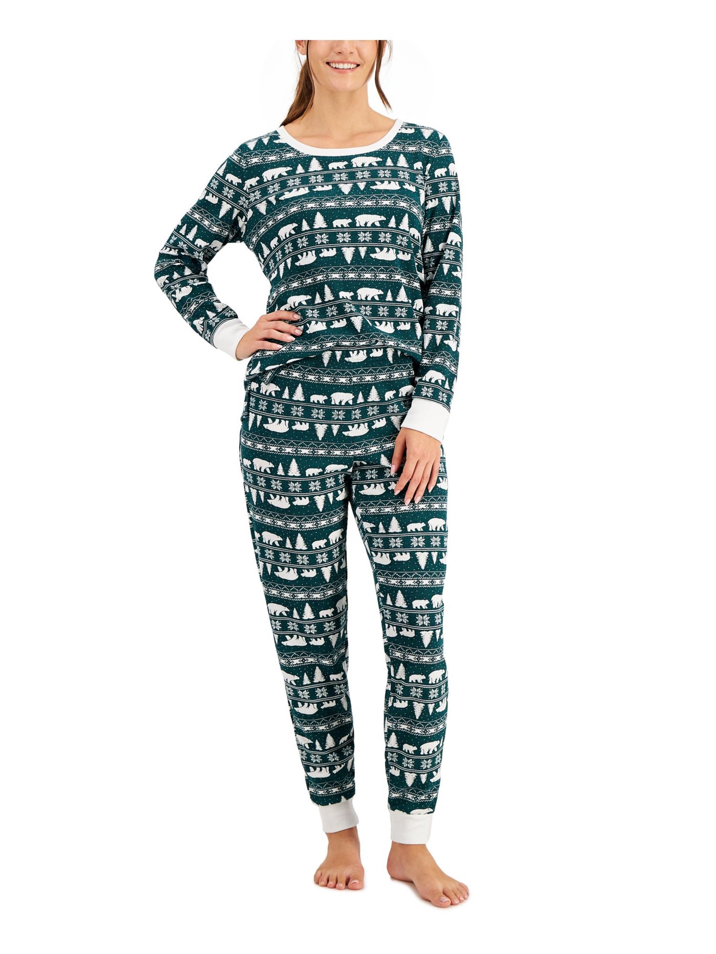 FAMILY PJs Womens Green Printed Top Elastic Band Long Sleeve Lounge Pants Pajamas XXL