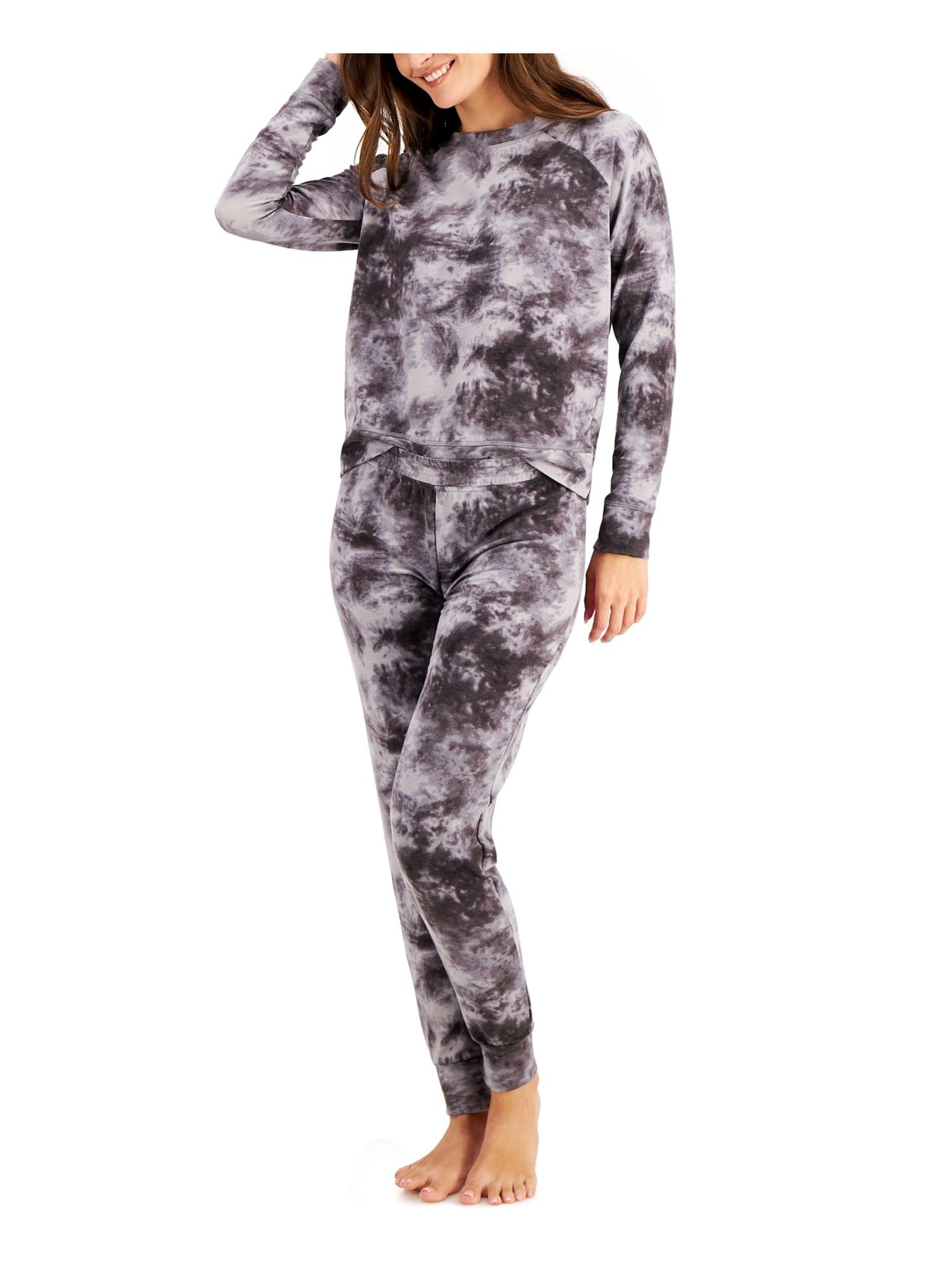 FAMILY PJs Womens Gray Tie Dye Elastic Band Long Sleeve T-Shirt Top Cuffed Pants Pajamas L