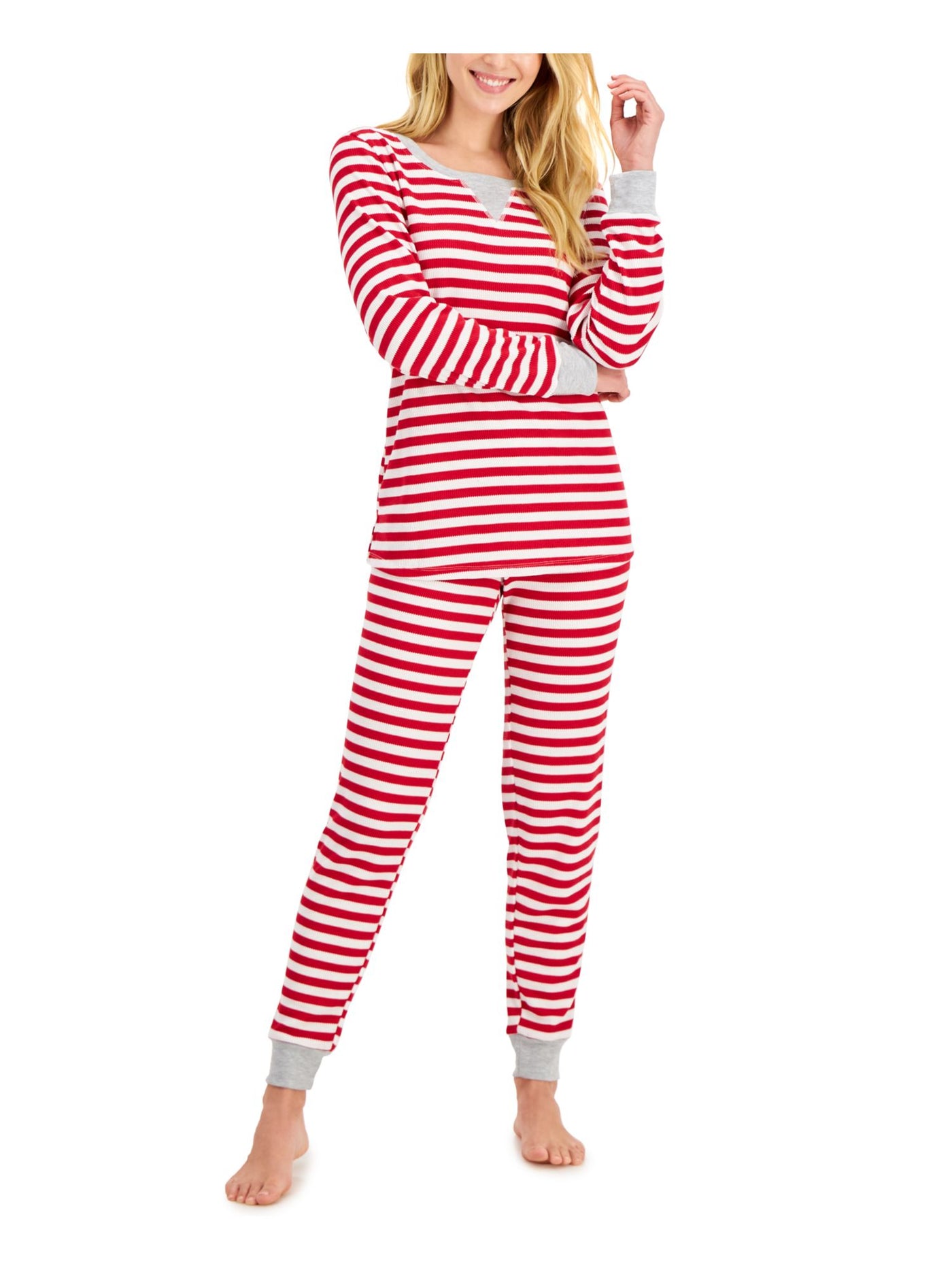 FAMILY PJs Womens Red Striped Ribbed Long Sleeve T-Shirt Top Cuffed Pants Pajamas L