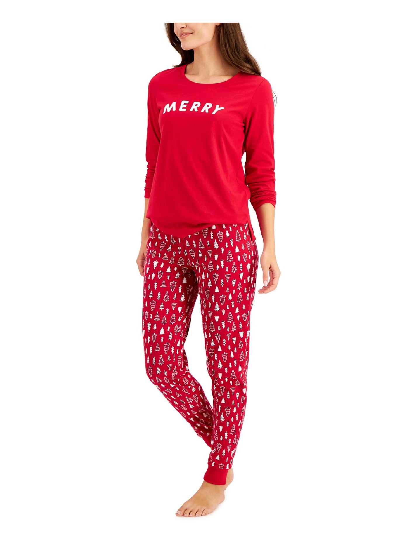 FAMILY PJs Womens Red Graphic Elastic Band Long Sleeve T-Shirt Top Cuffed Pants Pajamas M