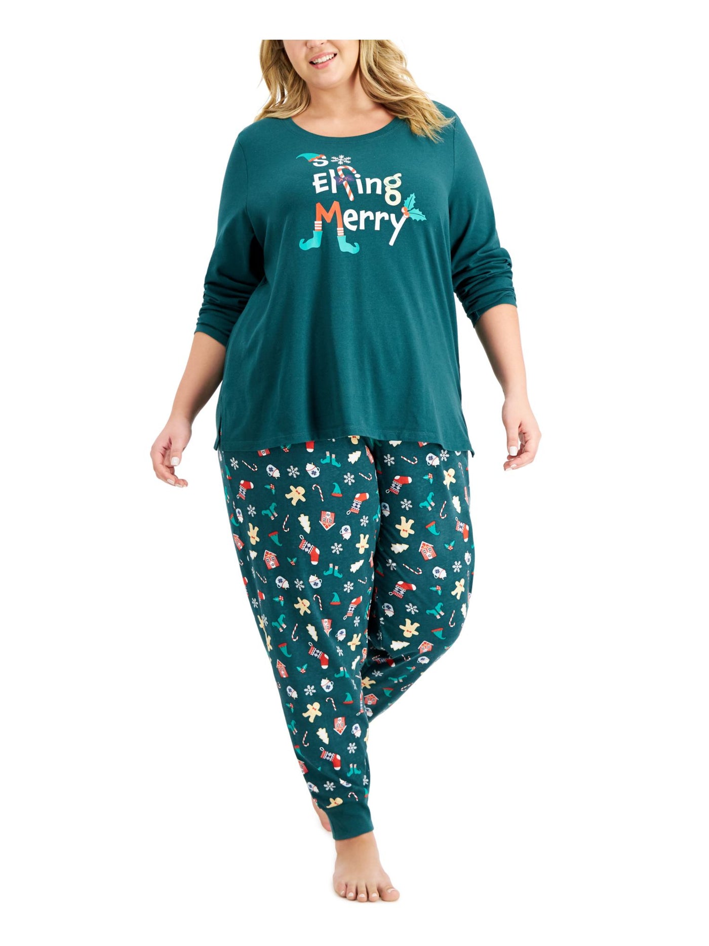 FAMILY PJs Womens Green Printed Top Elastic Band Long Sleeve Cuffed Pants Pajamas Plus 1X