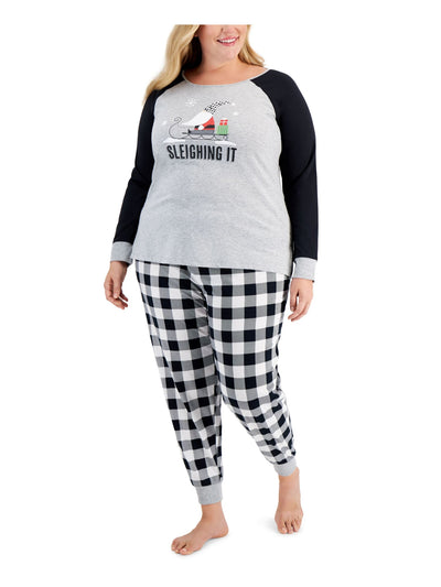 FAMILY PJs Womens Sleighing It Black Graphic Elastic Band T-Shirt Top Cuffed Pants Knit Pajamas Plus 1X