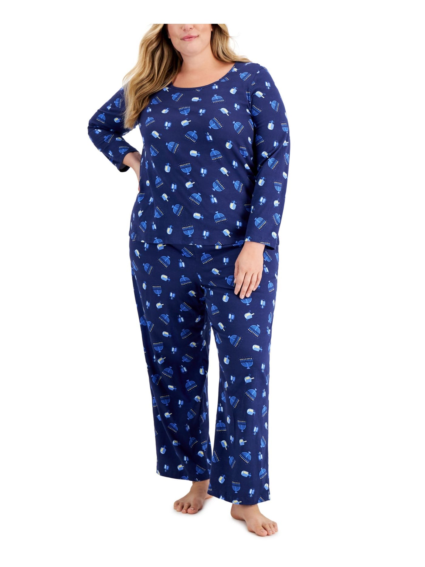FAMILY PJs Womens Navy Printed Top Elastic Band Long Sleeve Straight leg Pants Knit Pajamas Plus 2X